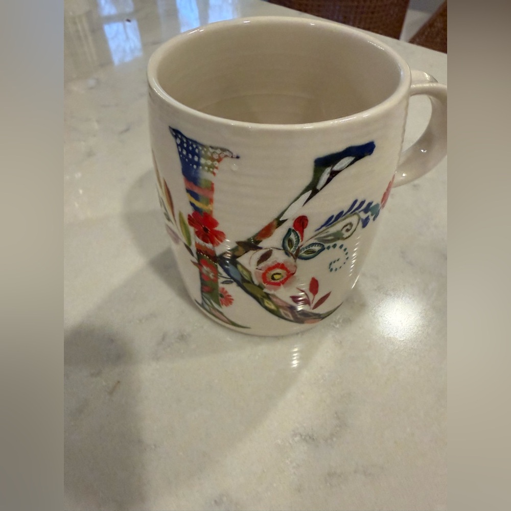 Anthropologie White Floral Letter K Ceramic Mug
